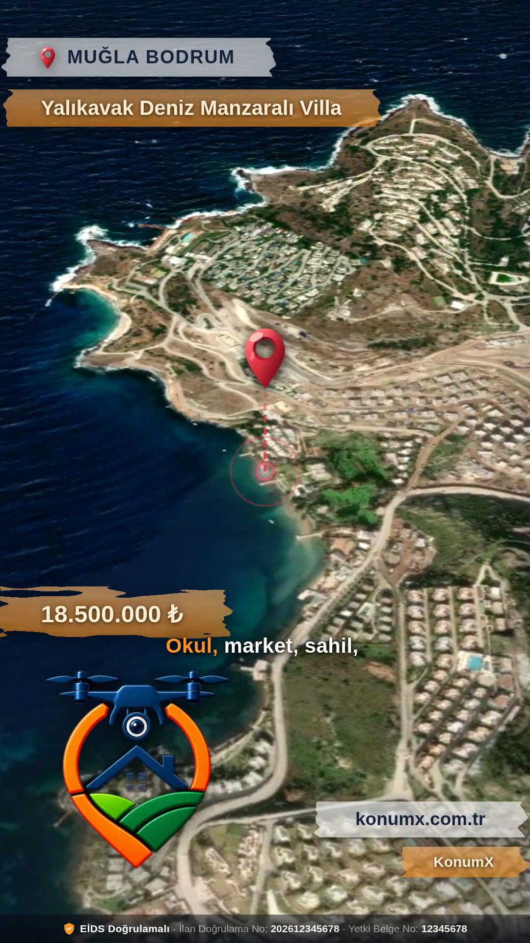 Muğla · Yalıkavak — KonumX sanal drone emlak tanıtım videosu örneği